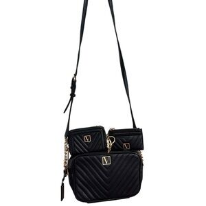Victoria Secret Black Quilted Crossbody Bag Wallet and Zip Card Case